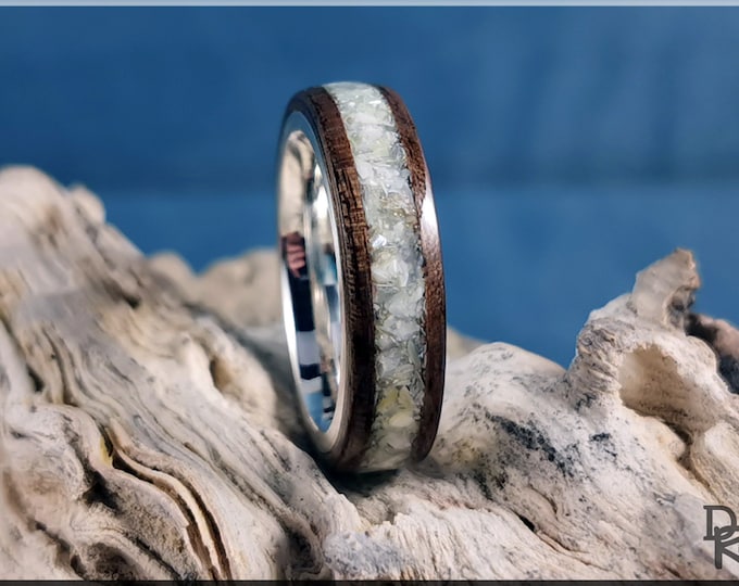 Bentwood Ring - French Walnut w/genuine Mother of Pearl inlay, on premium .925 Sterling Silver ring core - wood ring