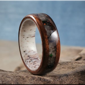 Bentwood Ring - Fumed Aspen w/White Aventurine and Opal inlay on deer antler ring core - wood ring