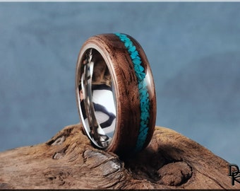 Bentwood Ring - Curly Black Walnut w/Chilean Turquoise stone inlay, on premium Cobalt Chrome ring core - wood ring