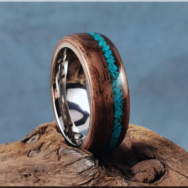 Bentwood Ring - Curly Black Walnut w/Chilean Turquoise stone inlay, on premium Cobalt Chrome ring core - wood ring