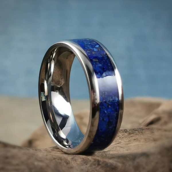 Bague en titane avec incrustation de pierres de lapis-lazuli - bague en métal