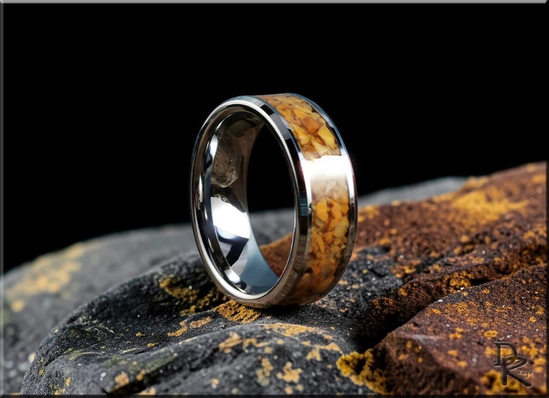 Tungsten Carbide Ring With Yellow Jasper Stone Inlay, Metal Ring