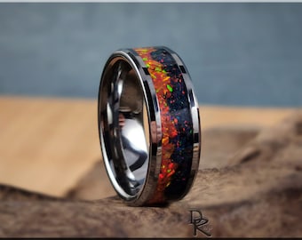 Tungsten Carbide Channel Ring w/Nebula opal inlay - metal ring