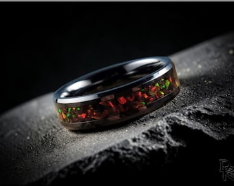 Black Ceramic Ring with Opal Inlay