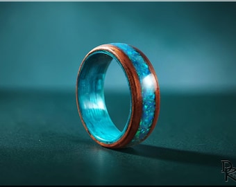 Bentwood Ring: Mahogany, Aqua Opal glow Inlay, Ocean Blue Koto core