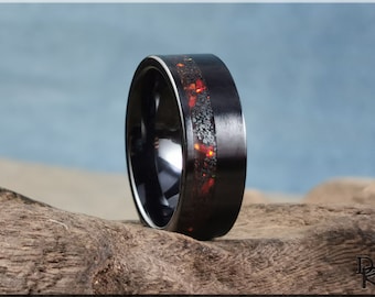 Black Ceramic 8mm Offset Channel Ring w/Black Tourmaline and Opal inlay - ceramic ring