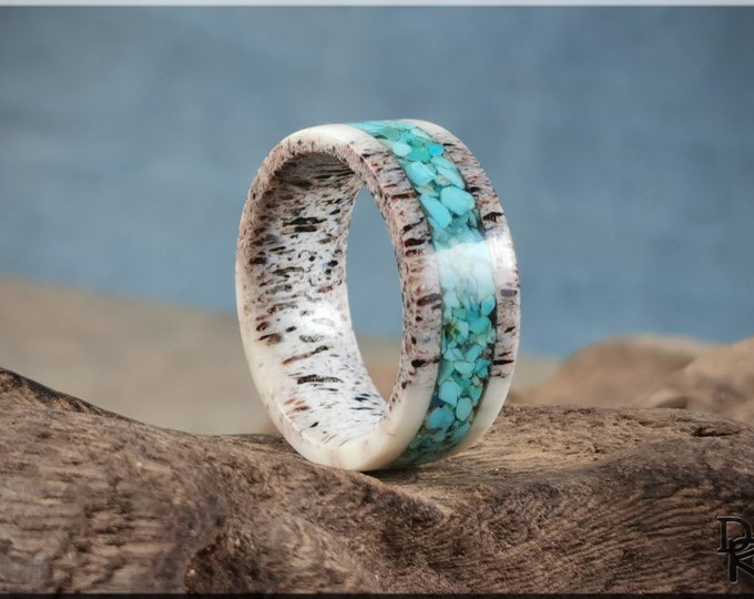 Pre-Made Ring - 8mm Deer Antler Channel Ring w/Kingman Turquoise Stone inlay - US size 7 antler ring