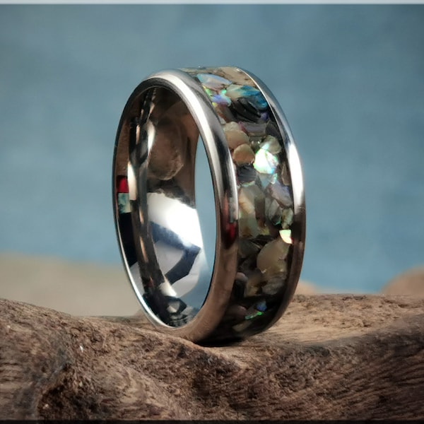 Titanium Channel Ring w/Abalone Shell inlay - metal ring