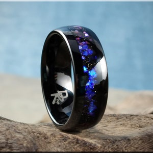 Polished Black Tungsten Carbide Channel Ring w/Celestial Sandstone inlay - tungsten ring