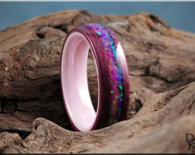 Bentwood Ring - Plum Koto w/Lavender opal inlay on polished pink ceramic ring core - wood ring