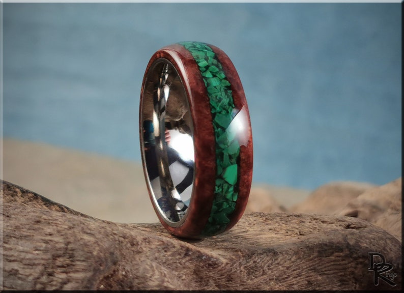 Bentwood Ring - Redwood Burl w/Green Malachite shops inlay on titanium ring core - wood ring