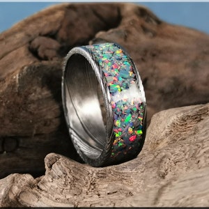 Blackened Damascus Steel Channel Ring w/Opal inlay - metal ring
