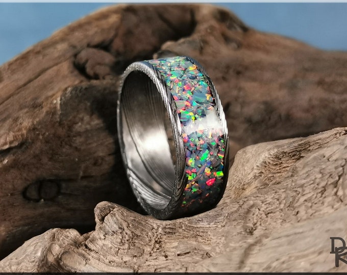 Blackened Damascus Steel Channel Ring w/Opal inlay