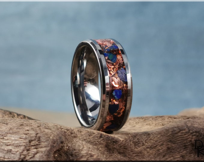 Tungsten Carbide Channel Ring w/Amber Copper and Azurite Stone inlay - Metal Ring
