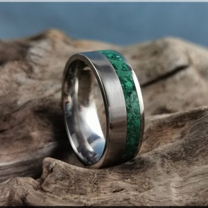 Titanium Offset 8mm Channel Ring w/Green Malachite Stone inlay