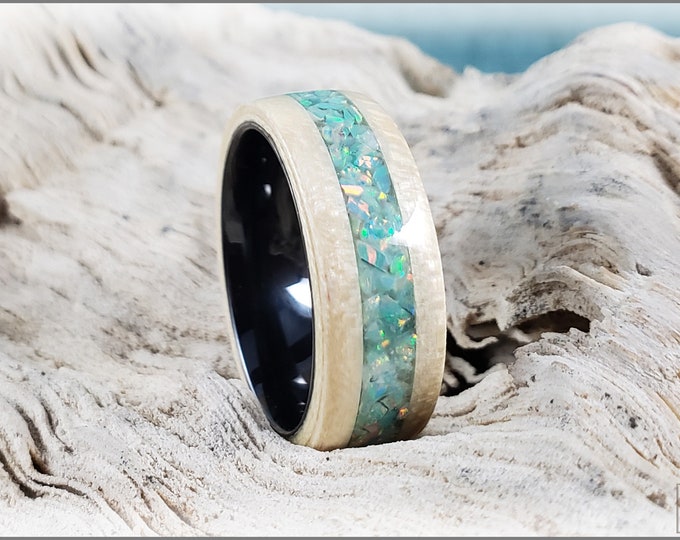 Bentwood Ring - Curly English Sycamore w/Moon Yellow opal inlay, on black ceramic ring core
