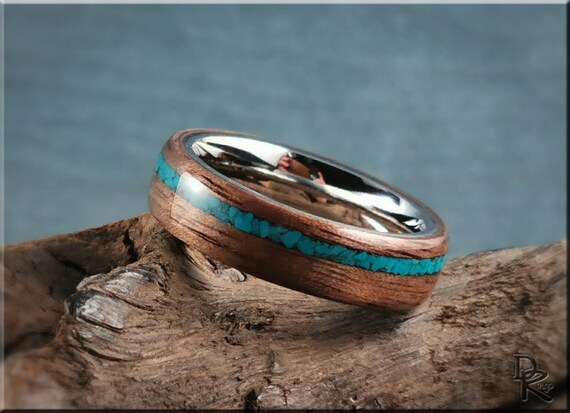 Bentwood Ring - Curly Black Walnut W/chilean Turquoise Stone