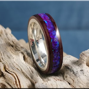 Bentwood Ring - Purpleheart w/Orchid Opal inlay, on premium .925 Sterling Silver ring core - wood ring