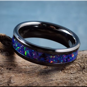 Polierte schwarze Keramik 6mm Kanalring mit Opal Inlay - Keramikring