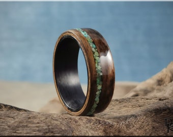 Bentwood Ring - Rustic French Walnut w\offset Green Turquoise inlay, on Carbon Fiber ring core - wood ring