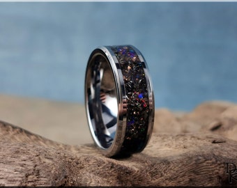 Tungsten Carbide Channel Ring w/Dinosaur Bone, Meteorite, Copper, Opal, and Blue Glow inlay - metal ring