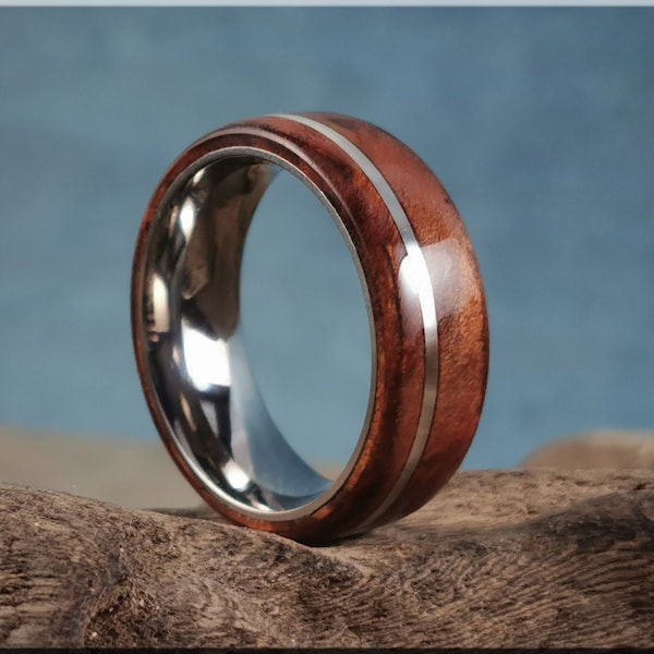 Bentwood Ring - Redwood Burl w/offset Sterling Silver inlay, on titanium ring core - wood ring