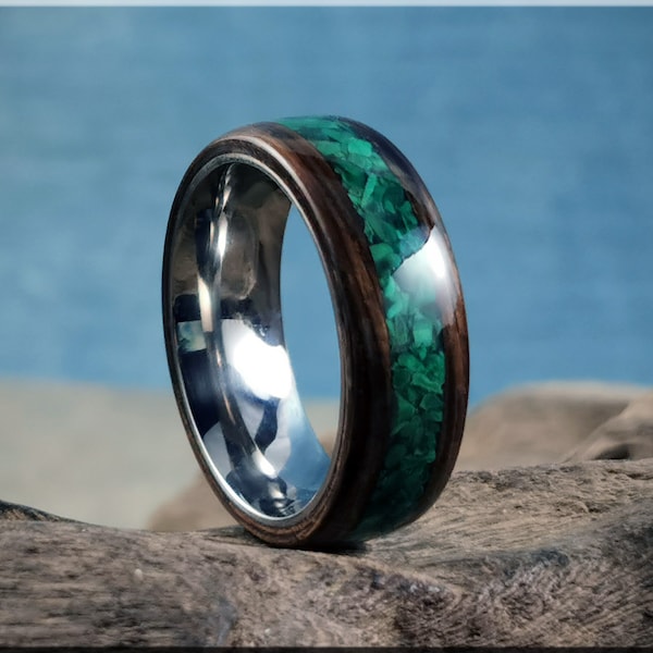 Bentwood Ring - Ancient Bog Oak w/Green Malachite inlay on titanium ring core - wood ring