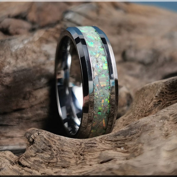 Tungsten Carbide Channel Ring w/Opal inlay - metal ring