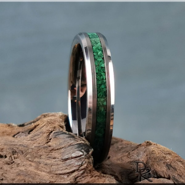 Thin Line Tungsten Carbide Channel Ring w/Green Malachite inlay - metal ring