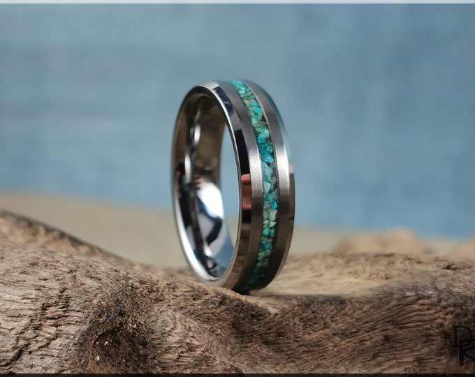 Thin Line Tungsten Carbide Channel Ring w/Chrysocolla stone inlay - metal ring