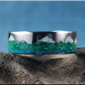 Titanium Mountain Pattern Ring w/Triple stone inlay - metal ring