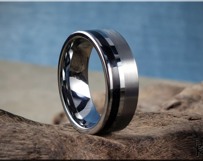 Tungsten Carbide Channel Ring w/offset Shungite stone inlay - metal ring