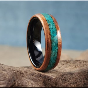 Bentwood Ring - Spanish Cedar w/Peruvian Chrysocolla  inlay on polished black ceramic ring core - wood ring