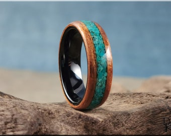 Bentwood Ring - Spanish Cedar w/Peruvian Chrysocolla  inlay on polished black ceramic ring core - wood ring