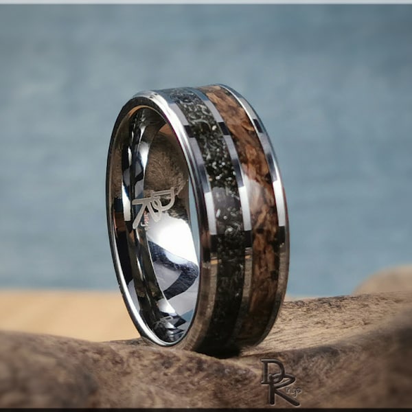 Tungsten Carbide 8mm Dual-Channel Ring with Meteorite and Triceratops Bone inlays - metal ring
