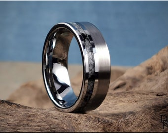 Tungsten Carbide Channel Ring w/offset Moonstone-Mica matrix stone inlay - metal ring