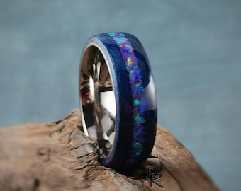 Bentwood Ring - Midnight Blue Tulipwood w/Galaxy Purple plus Multi-Green Opal inlay, on titanium ring core - wood ring