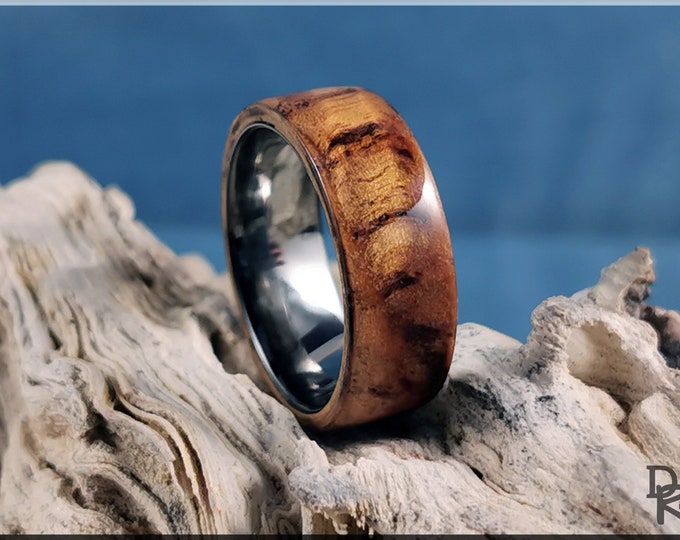 Bentwood Ring - English Chestnut Burl on 8mm Polished Black Ceramic ring core - wood ring