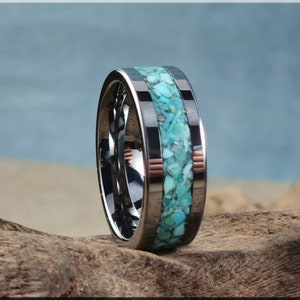 Tungstencarbide kanaalring met platte rand en Campitos-turkoois inlegwerk - metalen ring