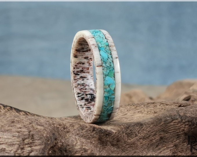 Deer Antler Channel Ring w/Kingman Turquoise Stone inlay - antler ring