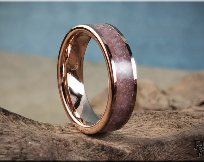 Rose Gold Plated Tungsten Carbide Channel Ring w/Lavender Lepidolite stone inlay - metal ring