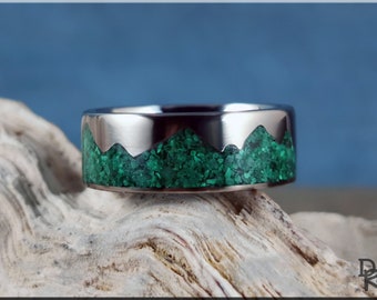 Titanium Mountain Pattern Ring w/Green Malachite stone inlay - metal ring