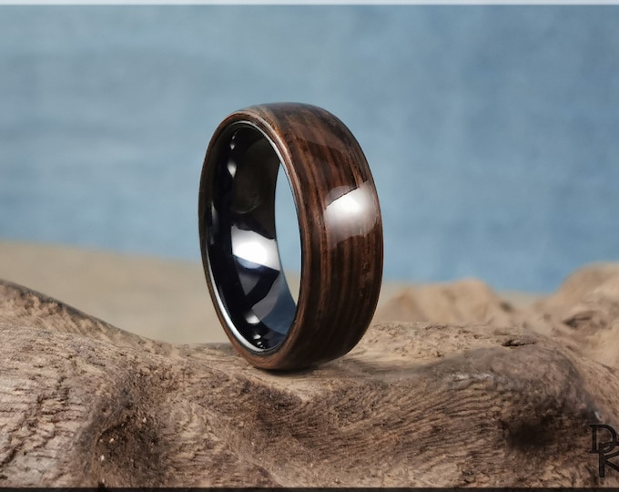 Bentwood Ring - Ancient Bog Oak on Polished Black Ceramic inner ring core - wood ring