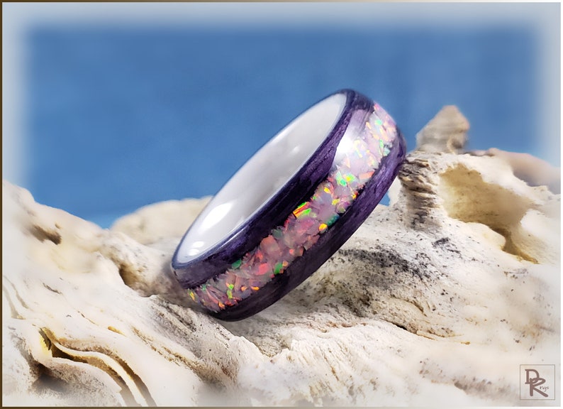 Amethyst Koto wSun and Ice Opal inlay Bentwood Ring on polished white ceramic ring core