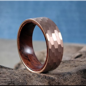 Hammered Rose Gold 8mm Tungsten Carbide Ring w/Ironwood inner core - wood and metal ring