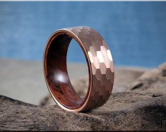 Hammered Rose Gold 8mm Tungsten Carbide Ring w/Ironwood inner core - wood and metal ring