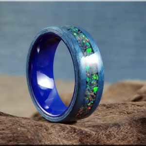 Bentwood Ring - Denim Blue Tulipwood w/Royal Blue Grey Opal inlay, on polished blue ceramic ring core - wood ring