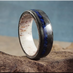 Bentwood Ring - Grey Birdseye Maple w/offset Lapis Lazuli inlay on deer antler ring core - wood ring