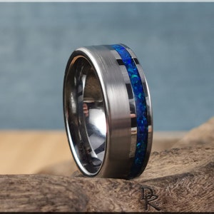 Tungsten Carbide Channel Ring w/offset Opal inlay - metal ring