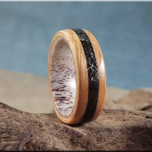 Bentwood Ring - Hickory w/Glorieta Mountain Meteorite inlay on Deer Antler ring core - wood ring